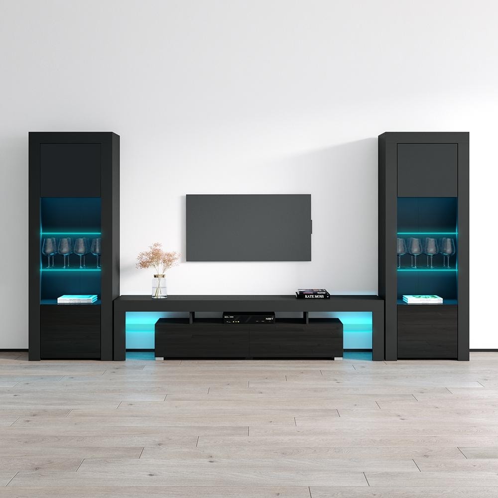 Meble Furniture Milano 3-Piece Wall-Mounted Ent Center with 79" TV Stand and Dual Bookcases - Hi-Gloss