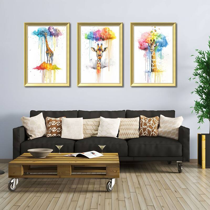 Set of 3 Colorful Giraffe Framed Wall Art - Replaceable Canvas Prints with Solid Wood Picture Frames, Creative Animal