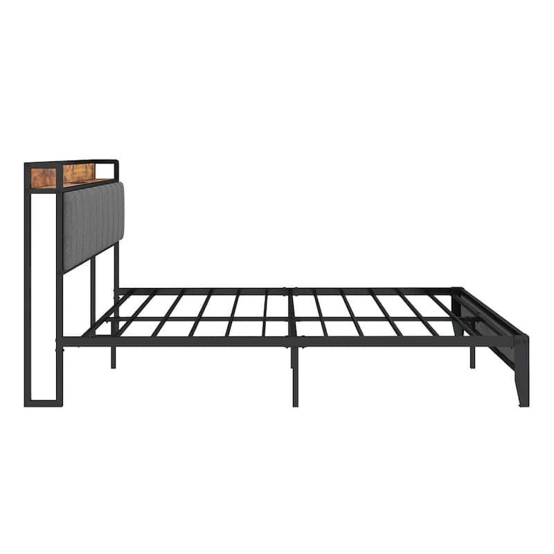 Full Size Metal Platform with Charging Station and Headboard