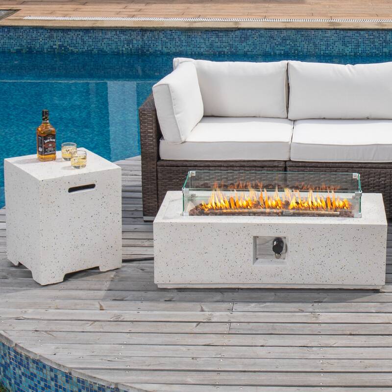 COSIEST Outdoor Rectangular Propane Fire Pit with Wind Guard, Tank Cover Table - White