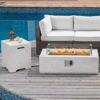 COSIEST Outdoor Terrazzo Rectangle Propane Fire Pit Table with Wind Guard, Tank Table