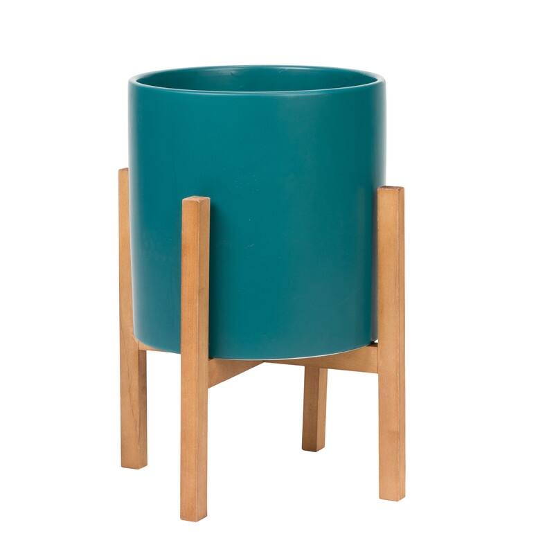 Liam Modern Ceramic Planter with Wood Legs - 19"H x 13.5"W - Green