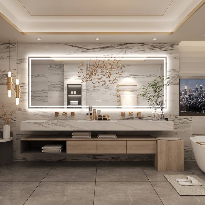 Frameless LED Front Light and Backlit 3 Colors Dimmable Anti-Fog Wall Bathroom Vanity Mirror