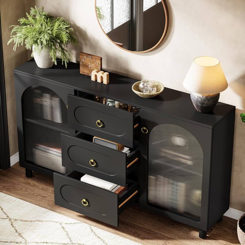 Modern Large Buffet Cabinet with Storage, 59" Wooden Storage Cabinet with 2 Acrylic Doors & 3 Drawers