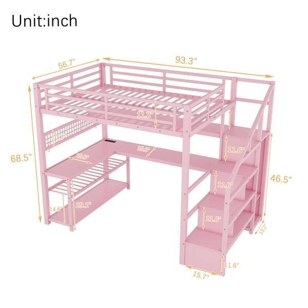 Full Size Pink Iron Storage Loft Bed Frame with Stair, Desk, LED Light