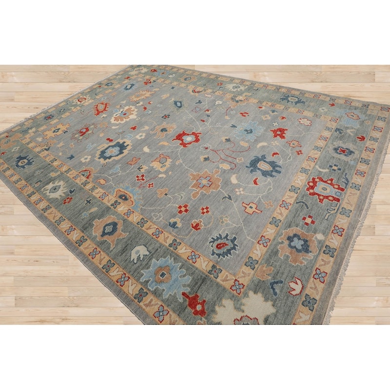 Hand Knotted Oushak Slate All-Over Wool Arts & Crafts Oriental Rug - 9' 1'' x 11'