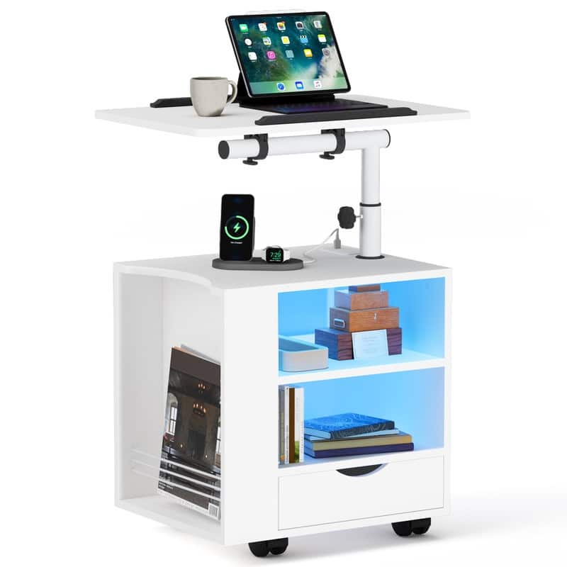 Manufactured Wood Led Nightstand With Charging Station, Adjustable Height