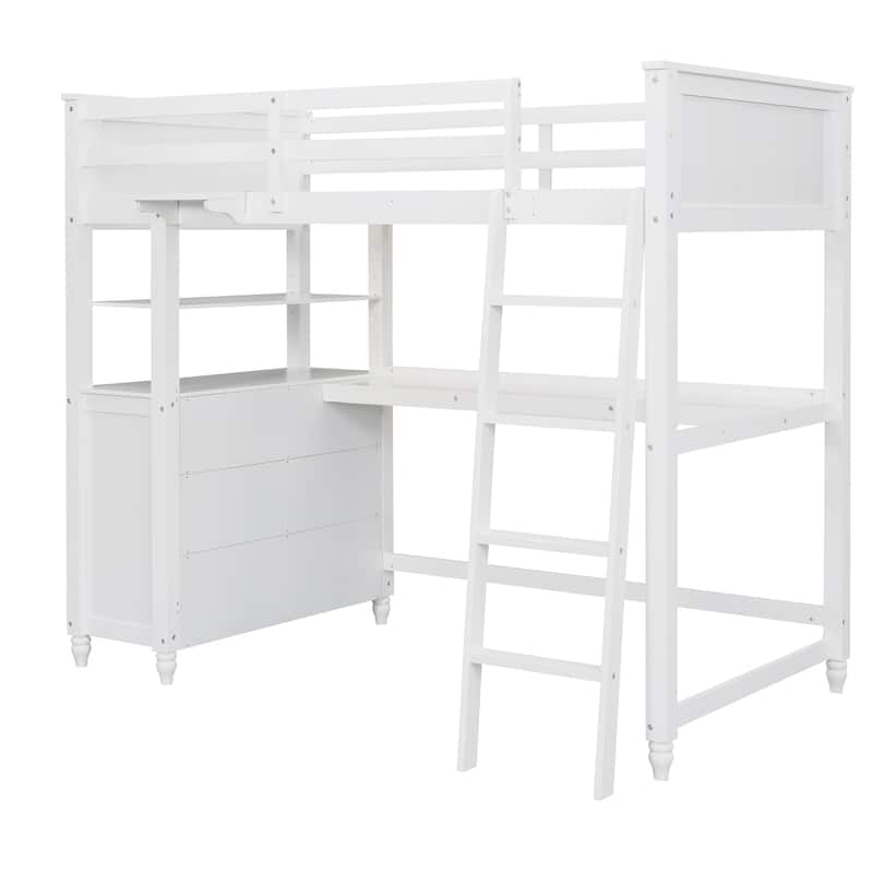 Twin Size Loft Bed Kids Bed Frame Wooden Storage Bed with Desk, Shelves, Pull-out Drawers, Ladder and Guardrail