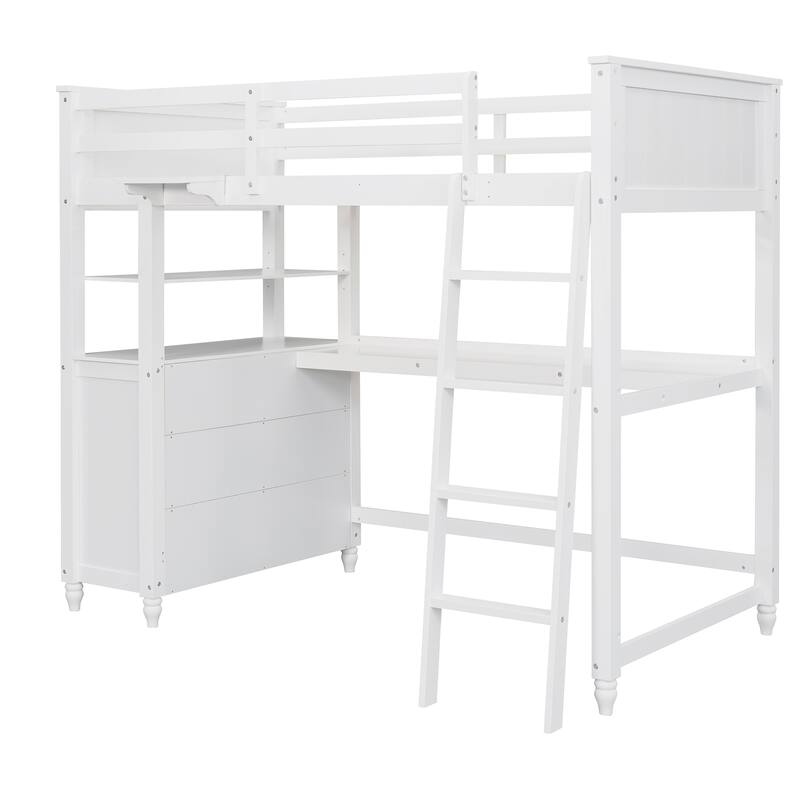 White Twin Loft Bed with Desk, Drawers & Shelves - Space Saving Study & Sleep Solution