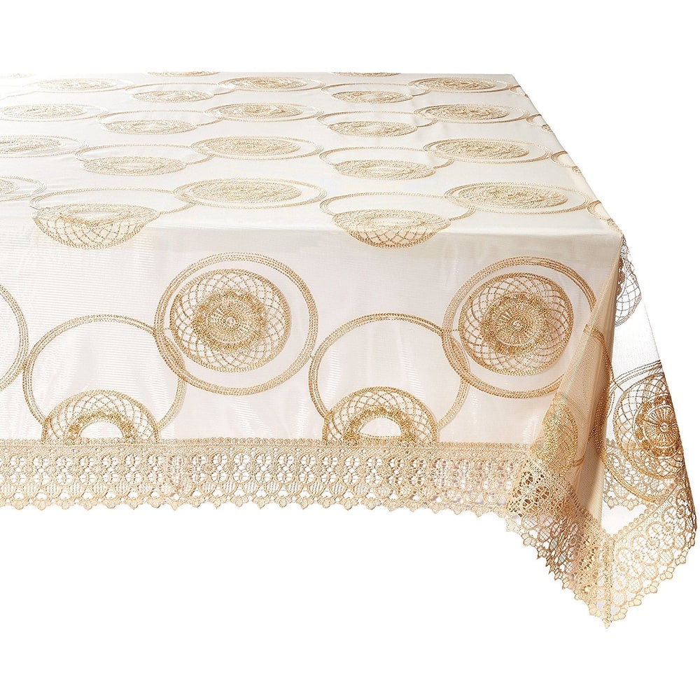 Violet Linen Marvelous Lace Tablecloth With Embroidered Round Scroll Pattern Tablecloth