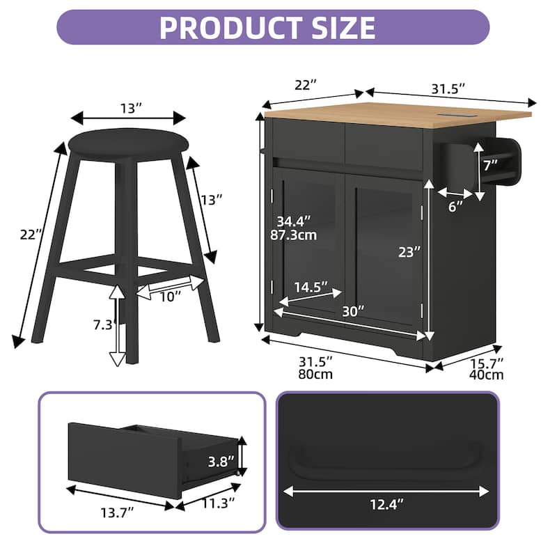 Rolling Kitchen island with Seating and Drop Leaf