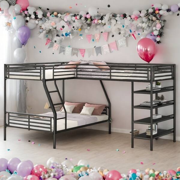 slide 2 of 11, Twin over Full Size L-Shaped Metal Bunk Bed and Twin Size Loft Bed with 4 Built-in Shelves,3 Beds in 1,Easy Assembly,Black Black