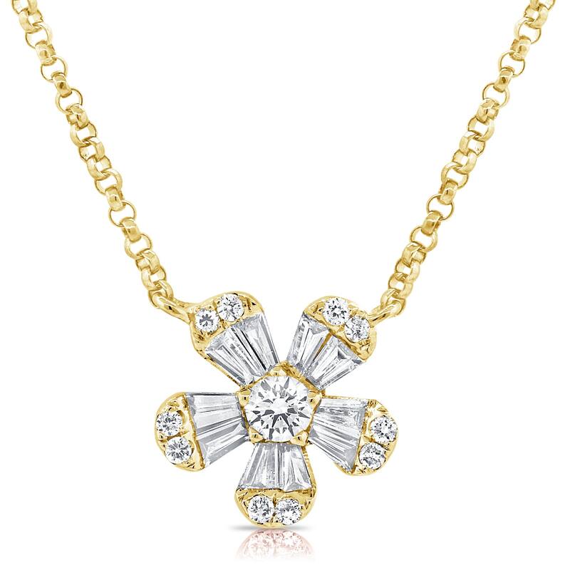 Joelle Collection Baguette Diamond Flower Necklace 14K Gold - Yellow