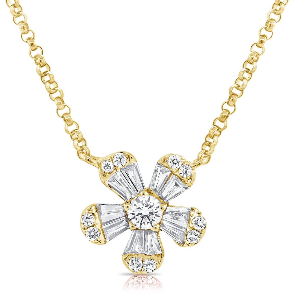 Joelle Collection Baguette Diamond Flower Necklace 14K Gold