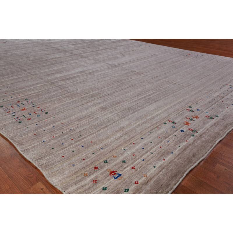 Hand Knotted Oriental Viscose Silk Carpet Tribal Stripe Greys & Charcoal Gabbeh Area Rug - 12' 5'' X 9' 3''