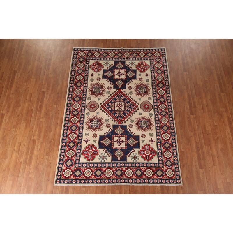 Ivory Geometric Kazak Area Rug Handmade Wool Carpet - 6'8" x 9'6"