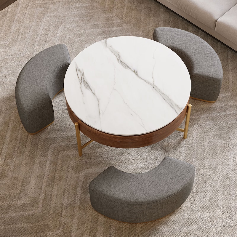 GDFStudio - Contemporary 31.5" Round Lift-Top Coffee Table with Hidden Storage & 3 Upholstered Nesting Ottomans