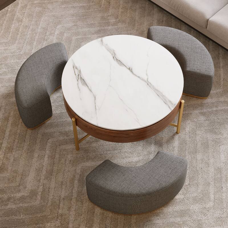 Modern Lift Round Coffee Table with Hidden Storage 3 Footstools and Tripod Mount Base, for Living Room