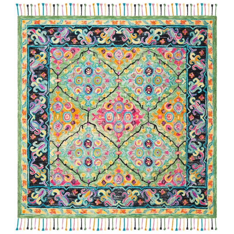 SAFAVIEH Handmade Aspen Gustl Boho Tassel Wool Rug - 7' Square - Light Green/Black