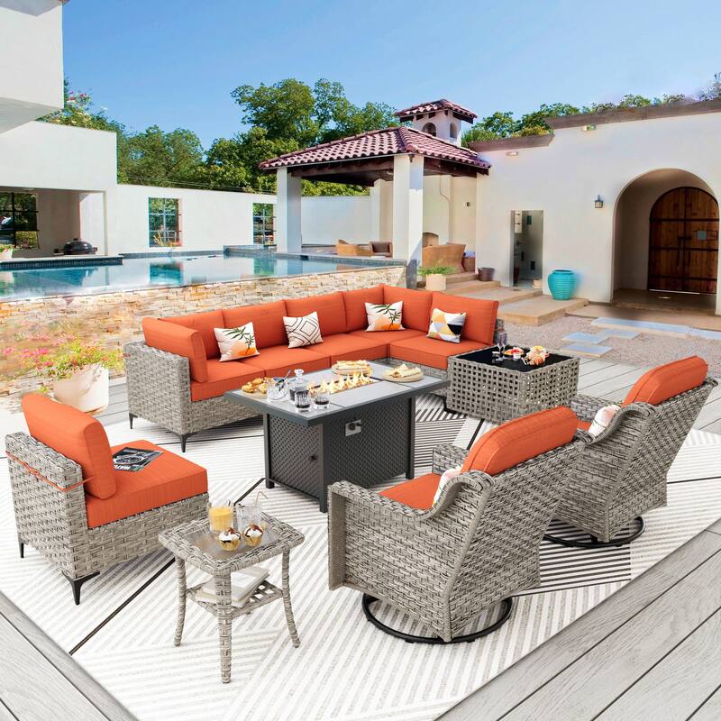 XIZZI 11-piece Patio Rattan Wicker Furniture Set with Fire Pit Table - Red/Orange