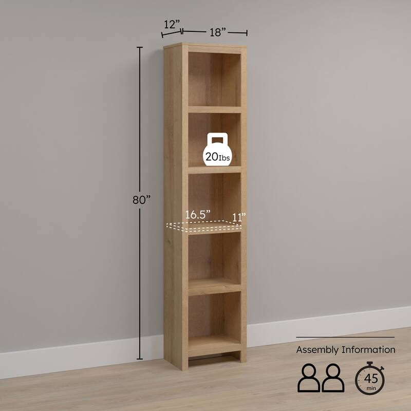 Prepac Moda 80" H 5-Tier Narrow Bookcase, Modern Storage Accent Bookshelf with 3 Adjustable Shelves for Home Office, Living Room
