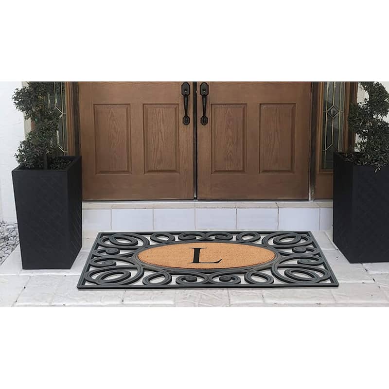 A1HC Rubber and Coir Elegant Circles, Monogrammed Double Door Doormat, Black/Beige - 23"X38"