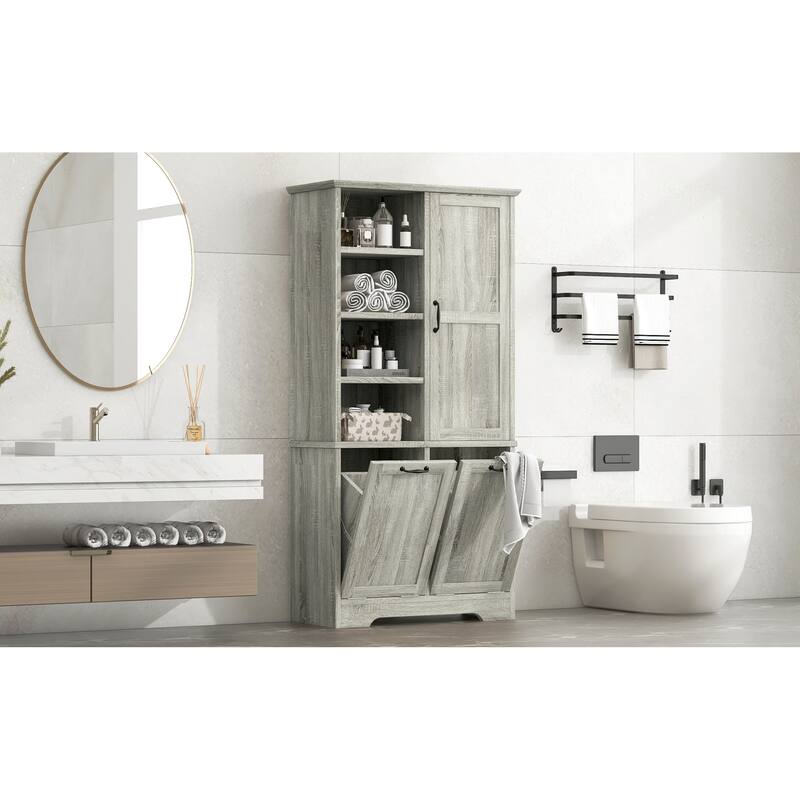 Roomfitters 68" Tall Bathroom Storage Cabinet with Dual Tilt-Out Laundry Hampers