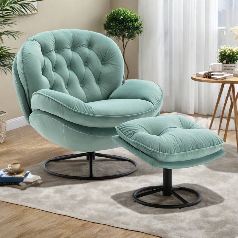 Velvet Swivel Accent Chair 360° Rotating Lounge Chair with Ottoman and Metal Legs