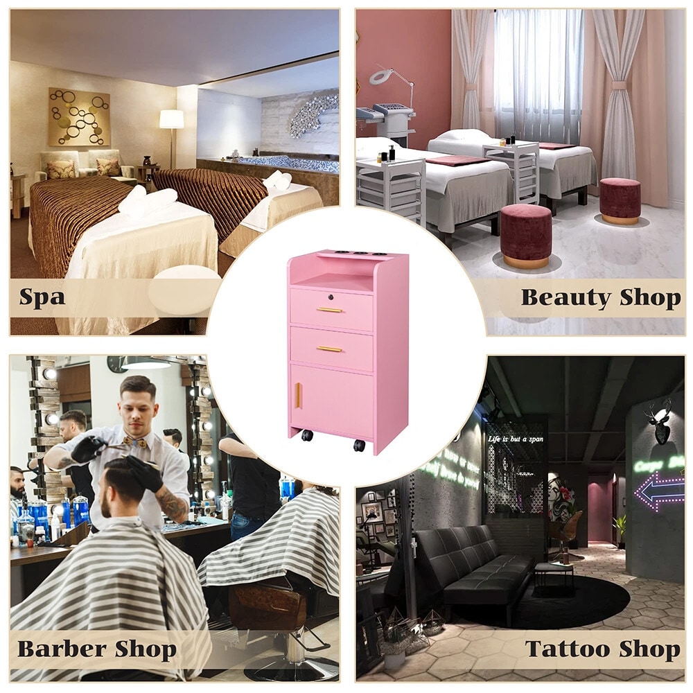 Beauty Salon Station with Wheels Drawers 3 Hair Dryer Holders W16.93 D13.78 H31.10 Pink
