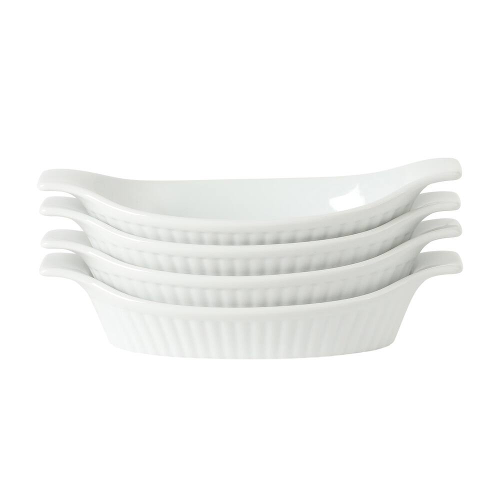 Gibson Home Gracious Dining Oval Au Gratin Baking Dishes, 4-Piece Set - 9oz or 15oz Oven Safe Ceramic with Handles - white