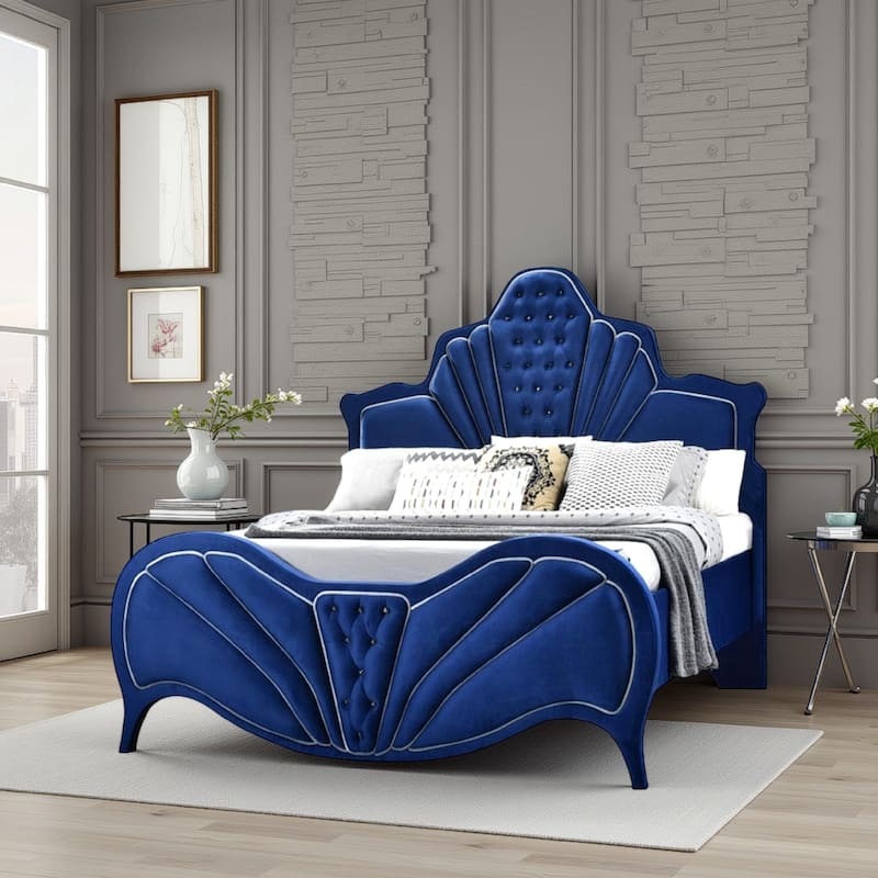 Modern Velvet Upholstered Channel Tufted Eastern King Bed, Blue