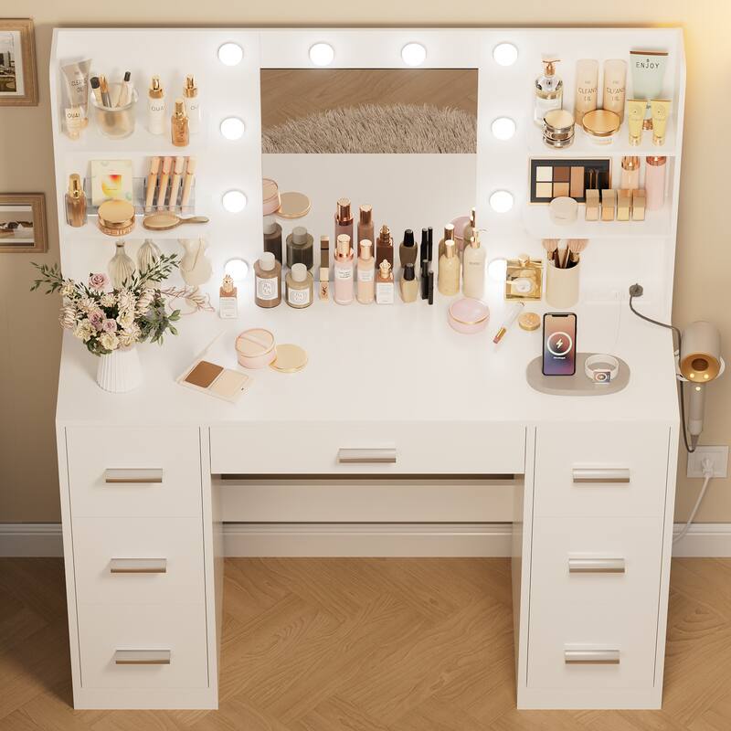 Furniwell Makeup Vanity with Mirror and Drawers Vanity Desk Set with 3 Modes Adjustable Brightness Lights and USB Power Outlet