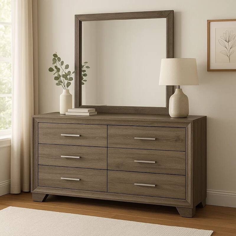 Reay Wide Dresser and Mirror with Mitered Trim, Brown Oak Wood
