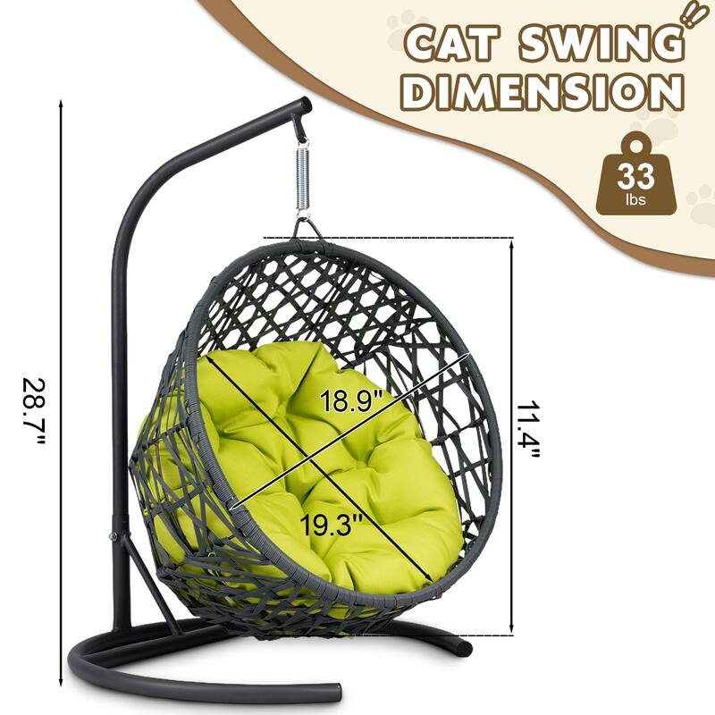 Pet Hanging Swing Bed, Rattan Hammock with Removable Soft Cushion, Cat Swing Bed with Stand & Cushion, Small Animals