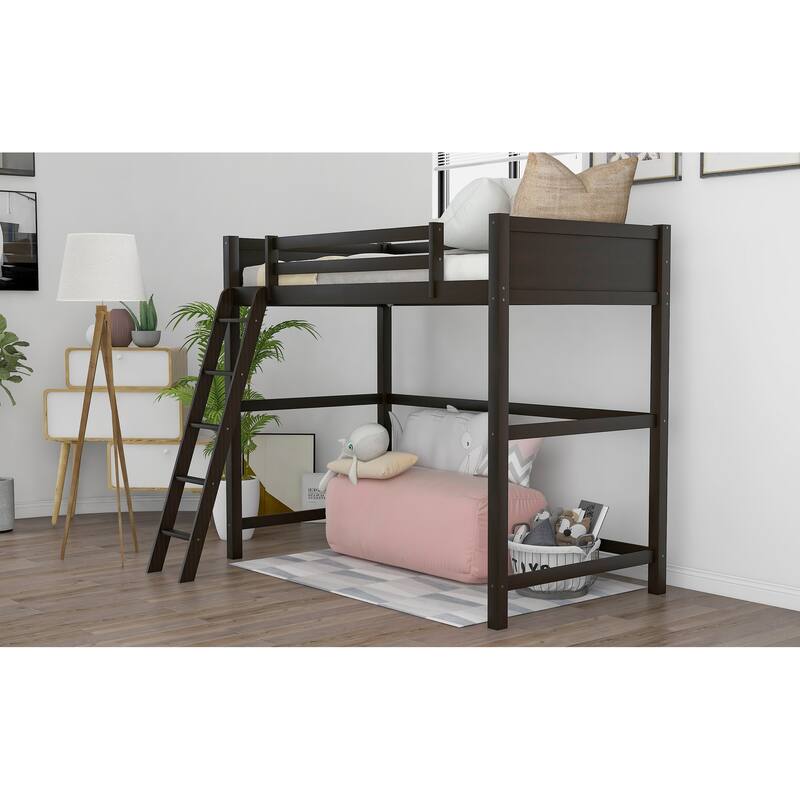 Modern Simple Style Twin Size Solid Pine Wood Loft Bed with Full Length Guardrail and Inclined Ladder