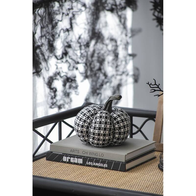 7x7x6.7" Fabric Black-White Plaid Pumpkin Decor, for Holiday Halloween Decoration