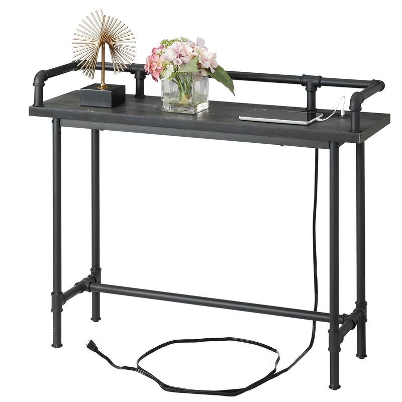 Mid Century Console Table with Power Outlet, Narrow Sofa Table, Sofa Couch Table with Charging Station USB Port - 100CM - Charcoal Grey