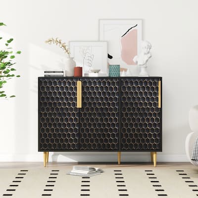 3-Door Buffet Sideboard with Adjustable Shelves - Honeycomb Pattern for Living Room
