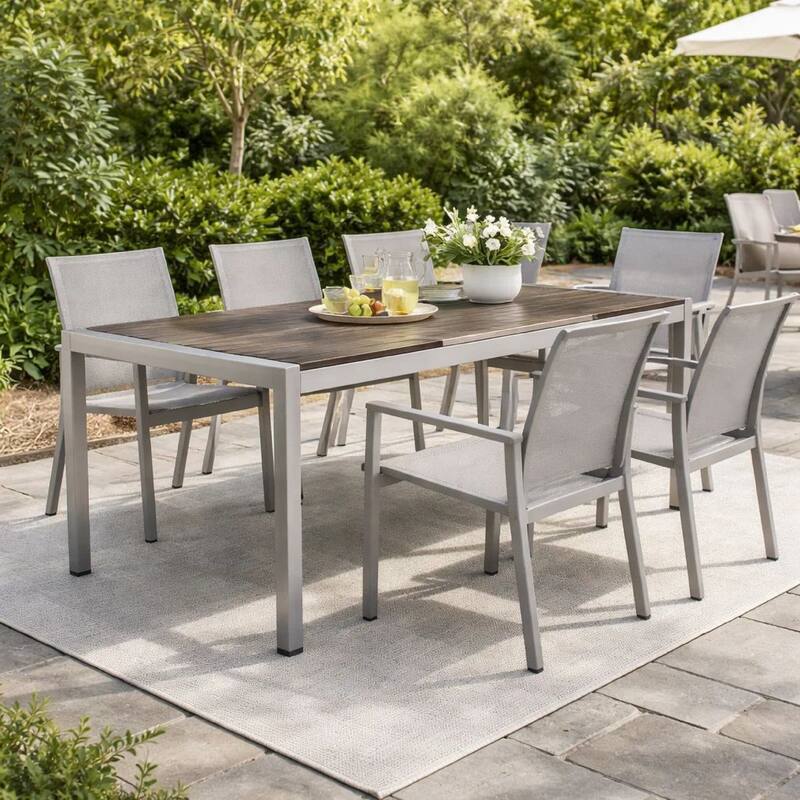 Fifi 71 Inch Outdoor Dining Table, Polyresin Top, Silver Aluminum Frame
