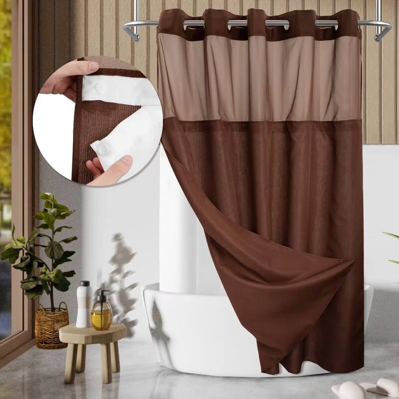 No Hook Slub Linen Texture Shower Curtain with PEVA Snap-in Liner