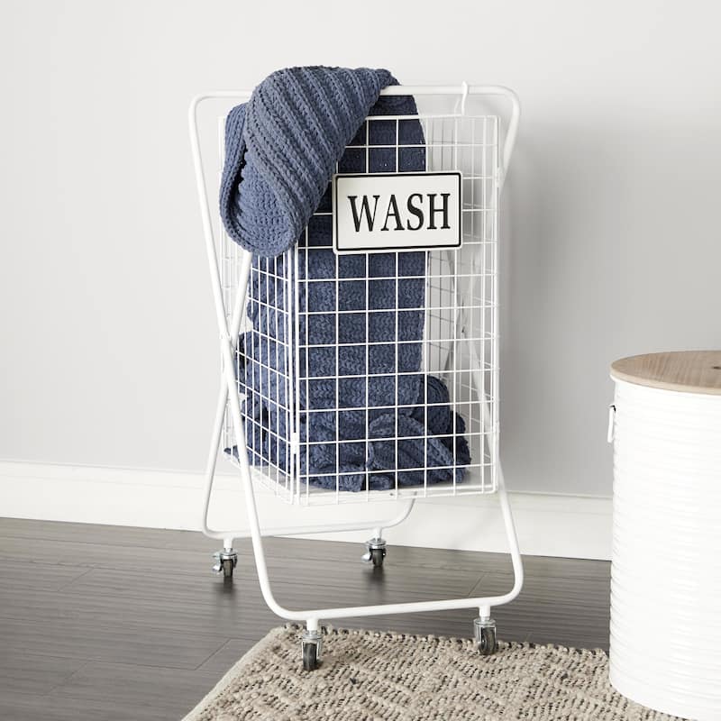 Metal Laundry Basket with Wheels and WASH Sign - 23"W x 16"L x 32"H