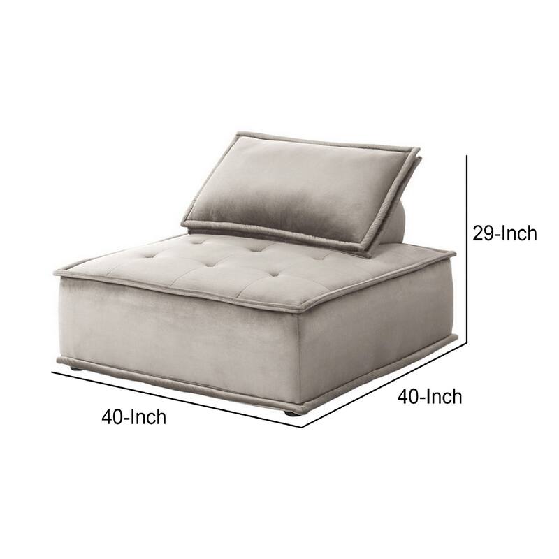 Nob 40 Inch Armless Lounge Chair, Tufted Seat, Pillow Back, Gray Velvet