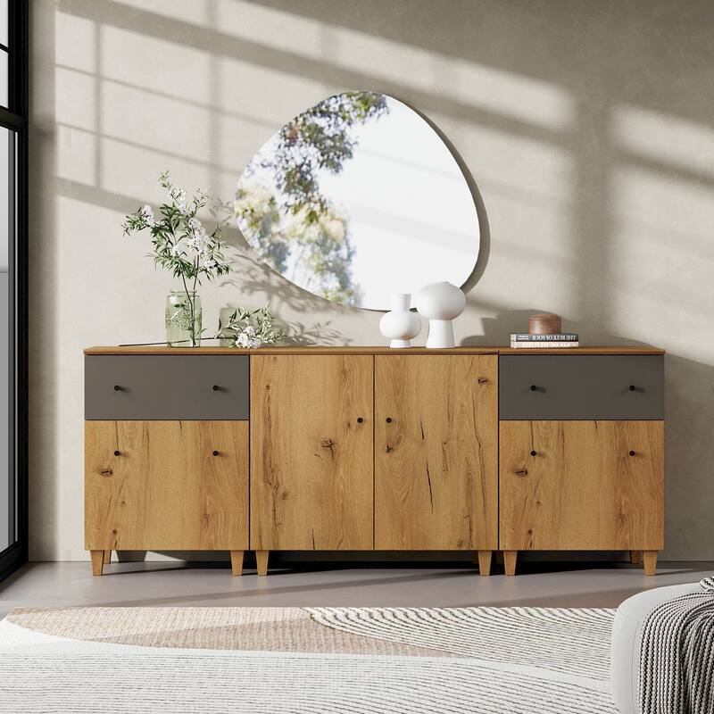 Wood Dresser with 2 Drawers and 3 Cabinets for Bedroom, 83" Wide - Oak Brown