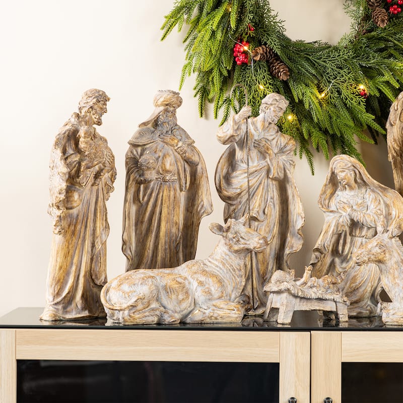 Glitzhome 10pcs 18.5"H Bronze/Ivory Resin Nativity Figurine Set