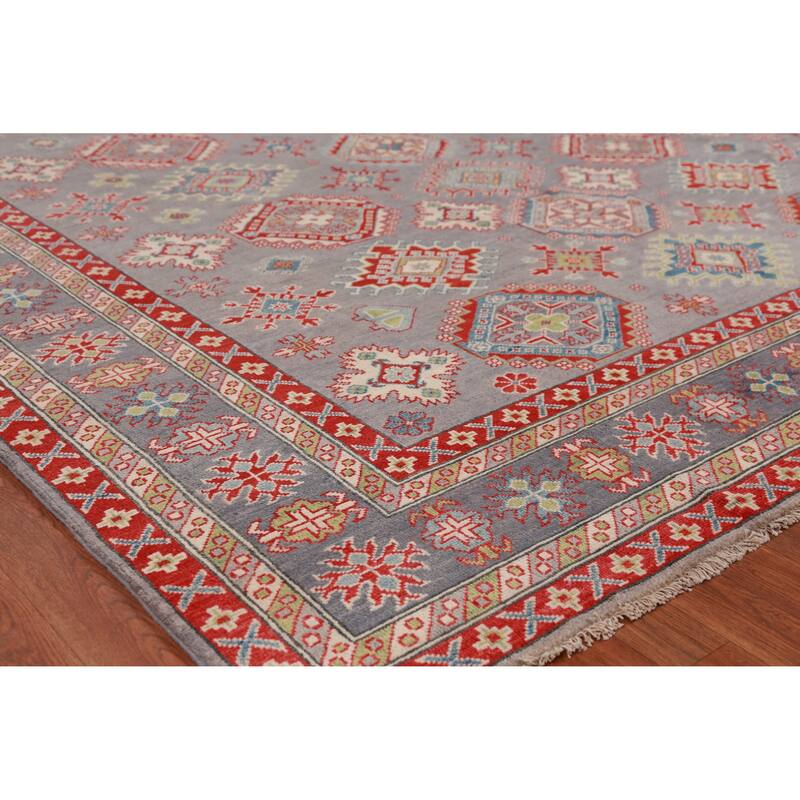 Hand Knotted Oriental 100% Wool Carpet Traditional Geometric Greys & Charcoal Kazak Area Rug - 9' 9'' X 8' 2''