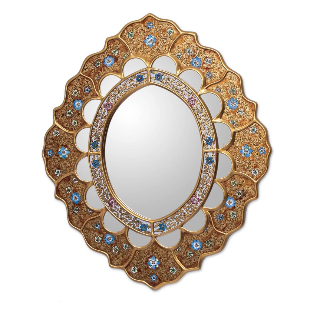 Handmade Reverse painted glass mirror Sweet Flower Majesty (Peru) - Gold - N/A