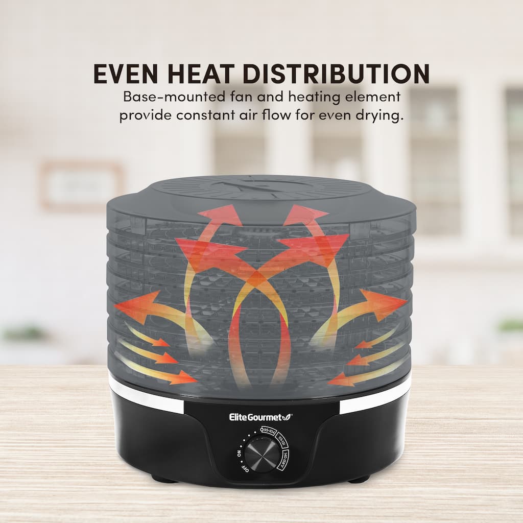 Elite Gourmet Food Dehydrator with Adjustable Temperature Dial and 5 Trays, Black with Clear Trays