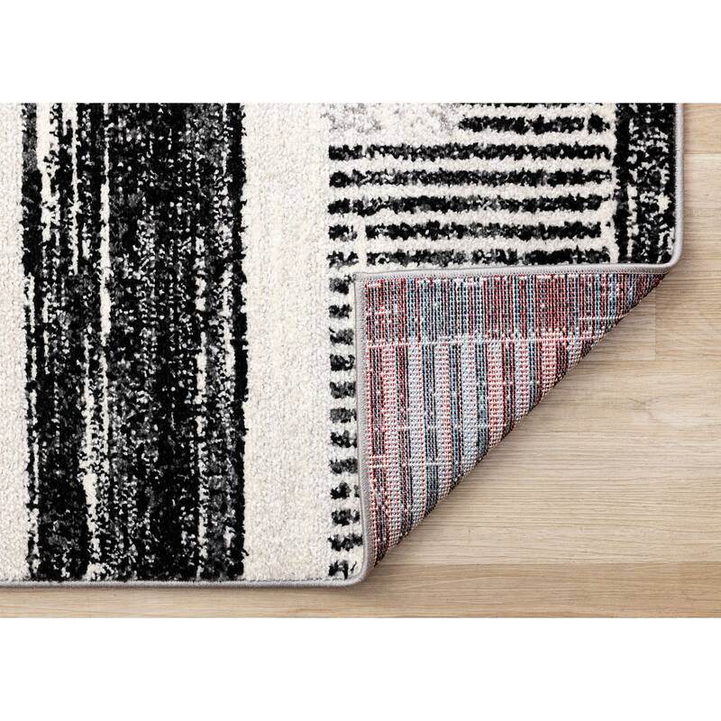 Soft Low-Pile Black White Patterned Lines Area Rug