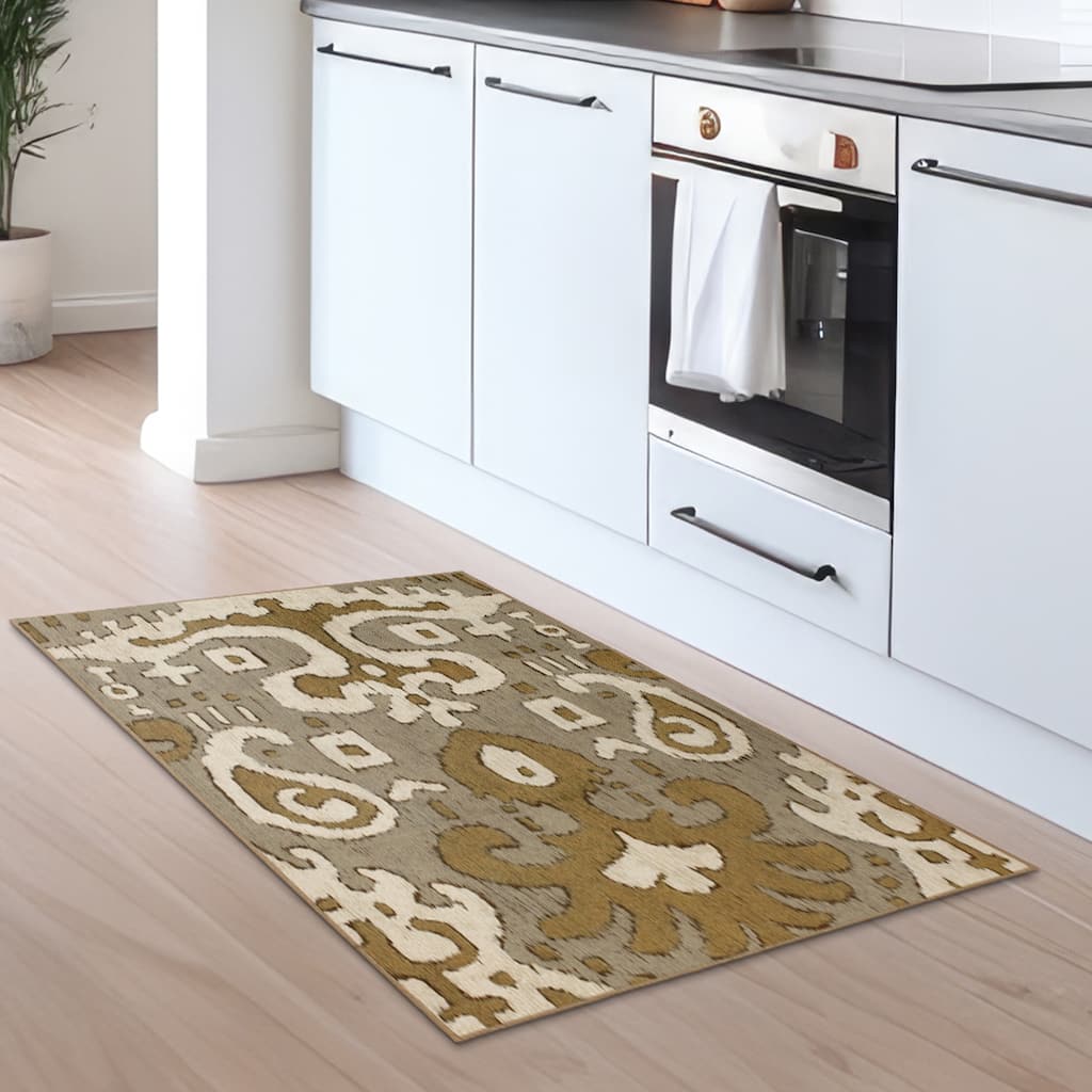 My Magic Carpet Machine Washable Rug Ochre Ikat Grey/Gold
