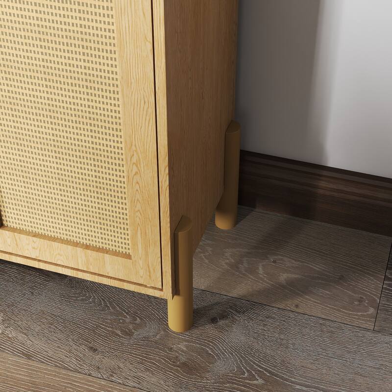 Stylish Mid-Century Storage Cabinet‌ - 4 Woven Rattan Doors & Customizable Shelves for Living or Dining Room